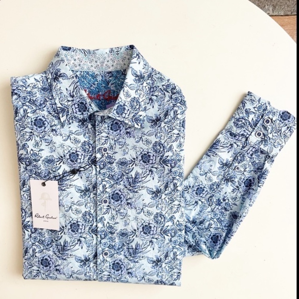Robert Graham Colville Floral Button Down Shirt Blue Men’s Size Small New